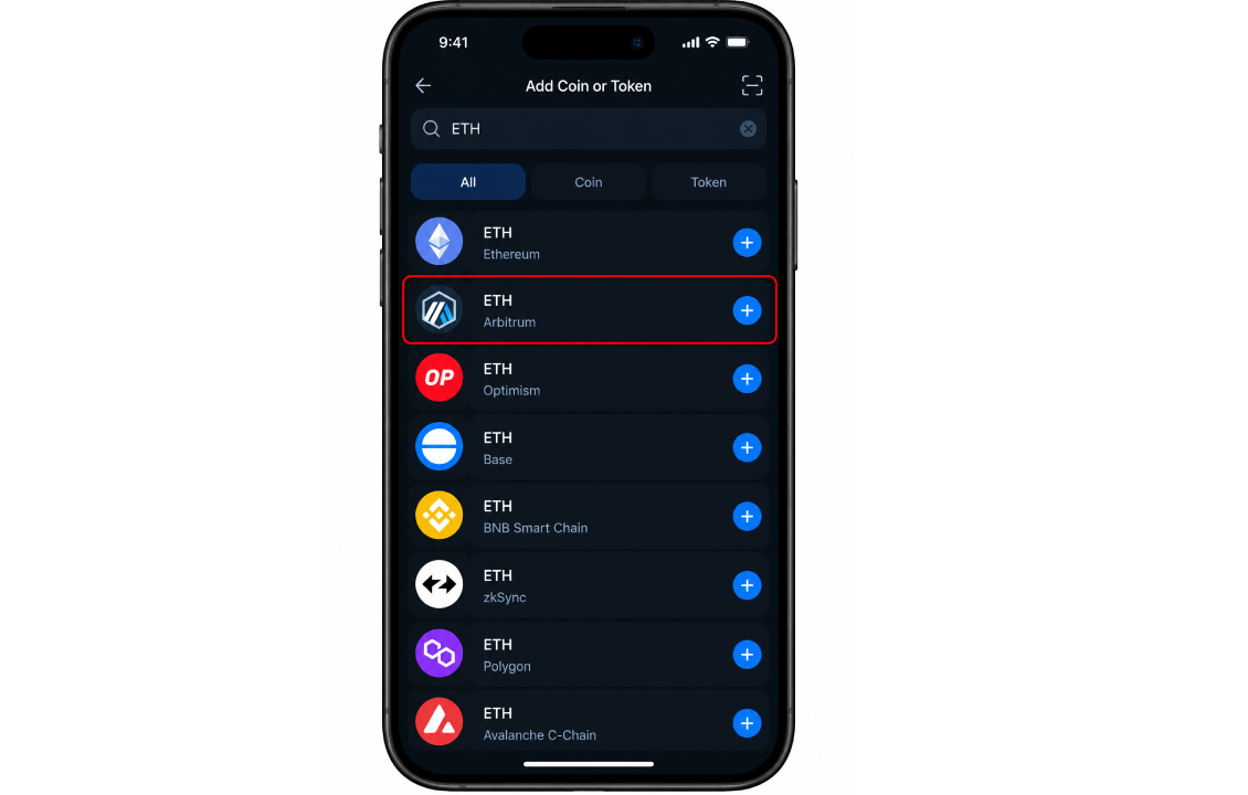 انتخاب ETH شبکه Arbitrum در SafePal