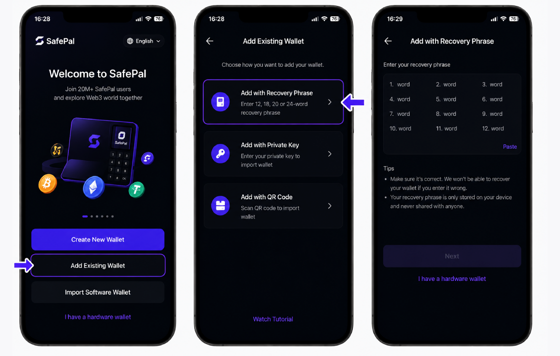 بازیابی کیف پول سیف پل از طریق گزینه Add Existing Wallet و ورود عبارت بازیابی در کیف پول SafePal
