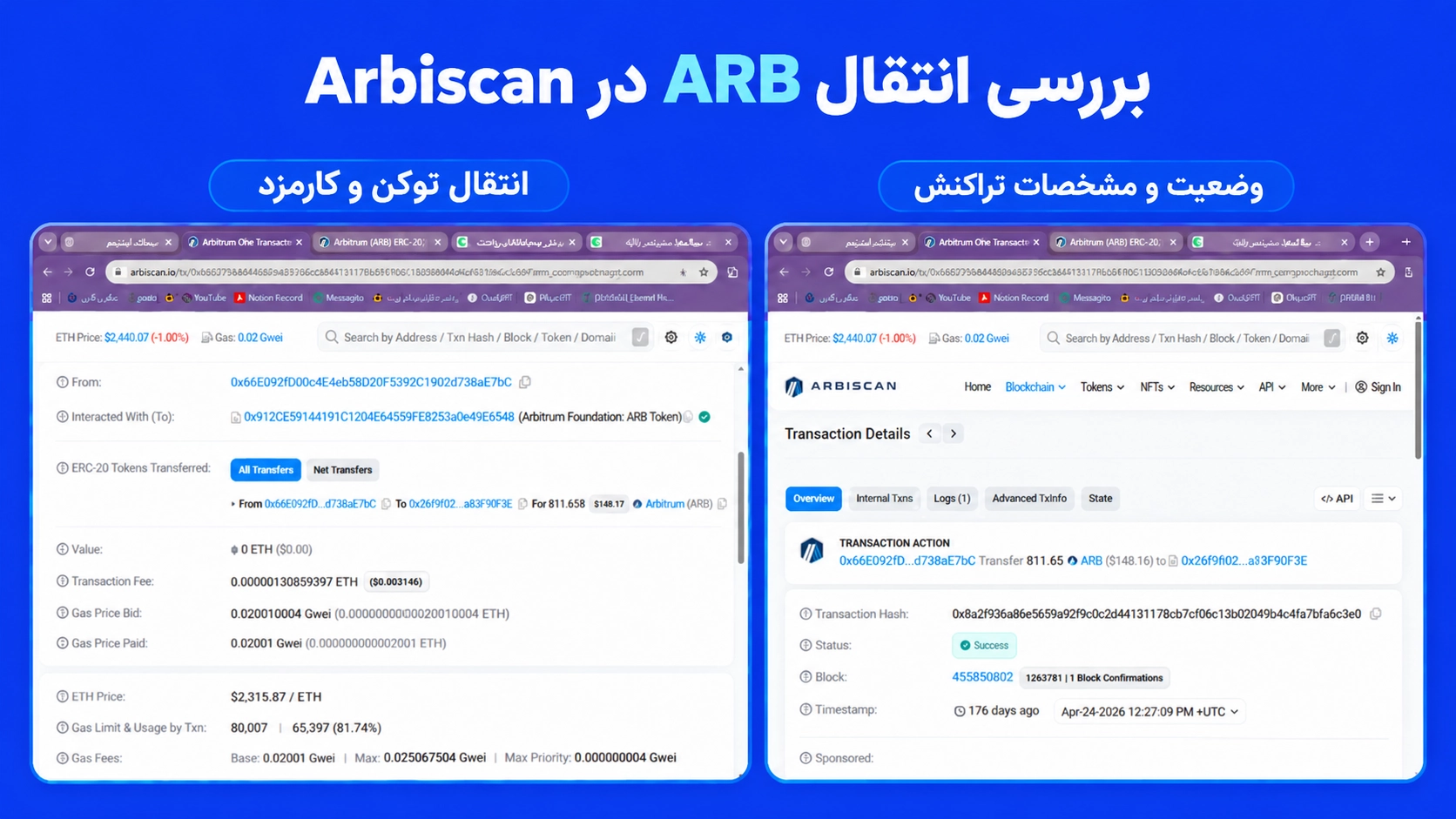 جزئیات یک انتقال موفق ARB در Arbiscan شامل مقدار توکن، Value صفر ETH و کارمزد پرداختشده با ETH