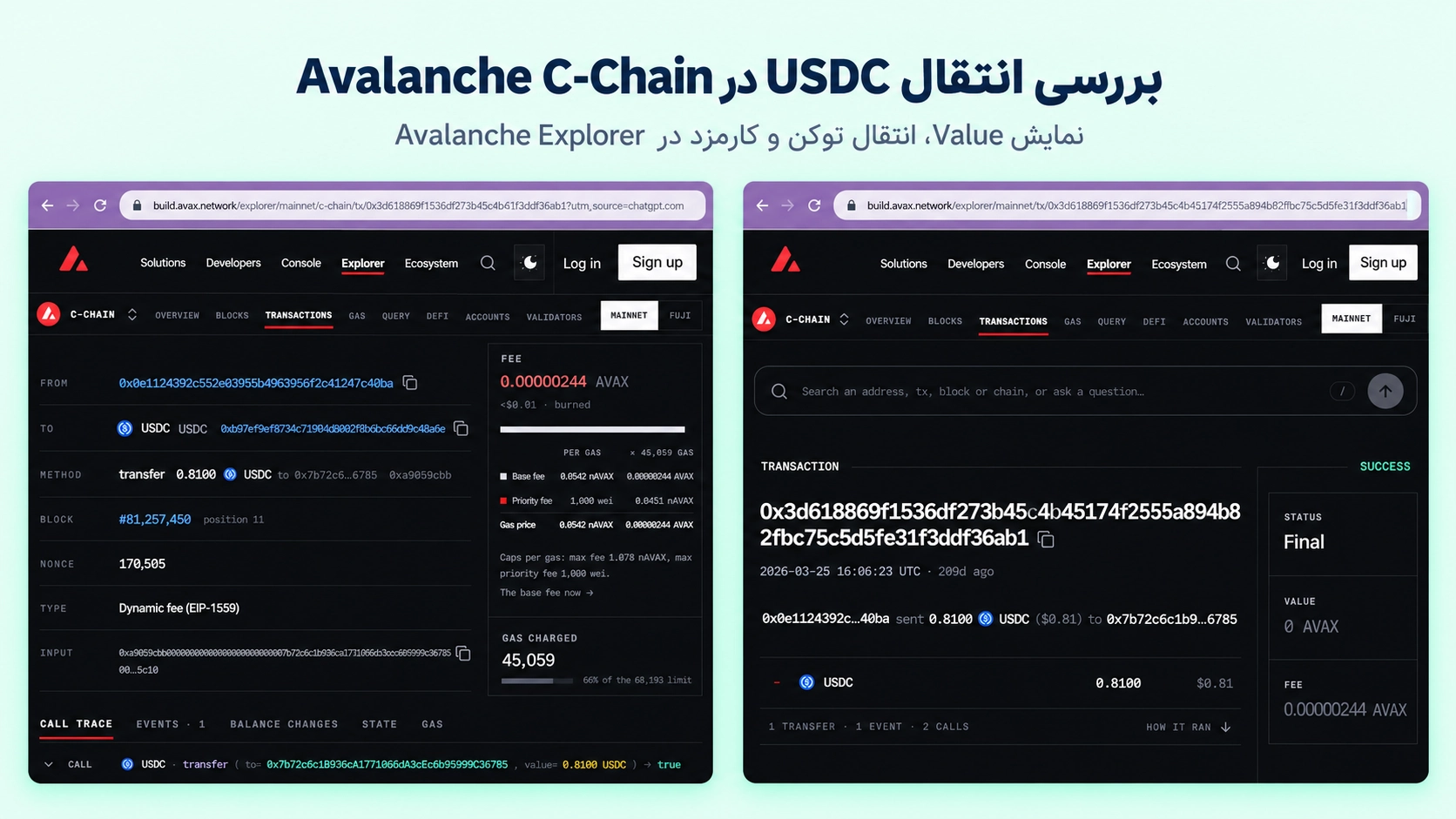 جزئیات انتقال موفق USDC در Avalanche C-Chain با Value صفر و پرداخت کارمزد با AVAX