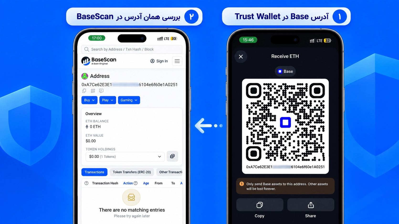 شبکه Base در تراست والت؛ ETH، توکن‌ها و DAppهای Base، بررسی آدرس ETH روی Base از Trust Wallet در BaseScan انجام می‌شود