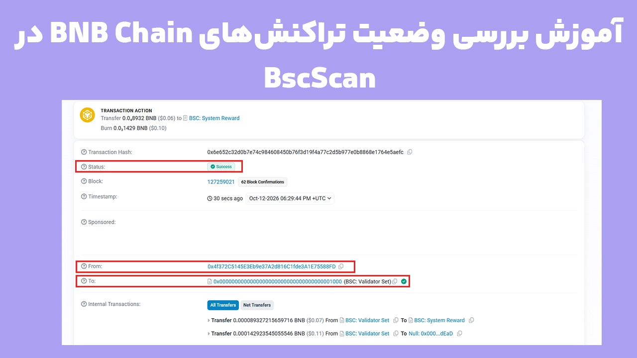 آموزش بررسی وضعیت تراکنش BNB Chain در مرورگر BscScan با مشاهده شناسه تراکنش، وضعیت موفق و آدرسهای مبدأ و مقصد
