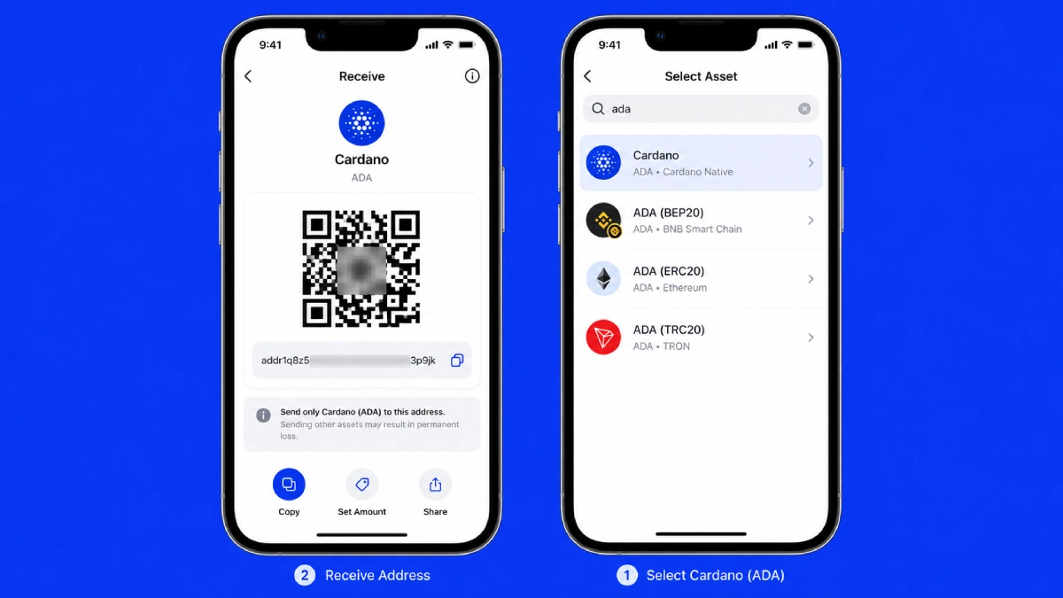 جست‌وجوی Cardano ADA و نمایش صفحه Receive کاردانو در تراست والت آیفون