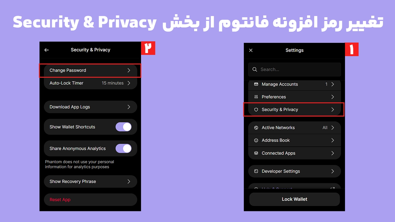 تغییر رمز کیف پول فانتوم از بخش Change Password افزونه Phantom