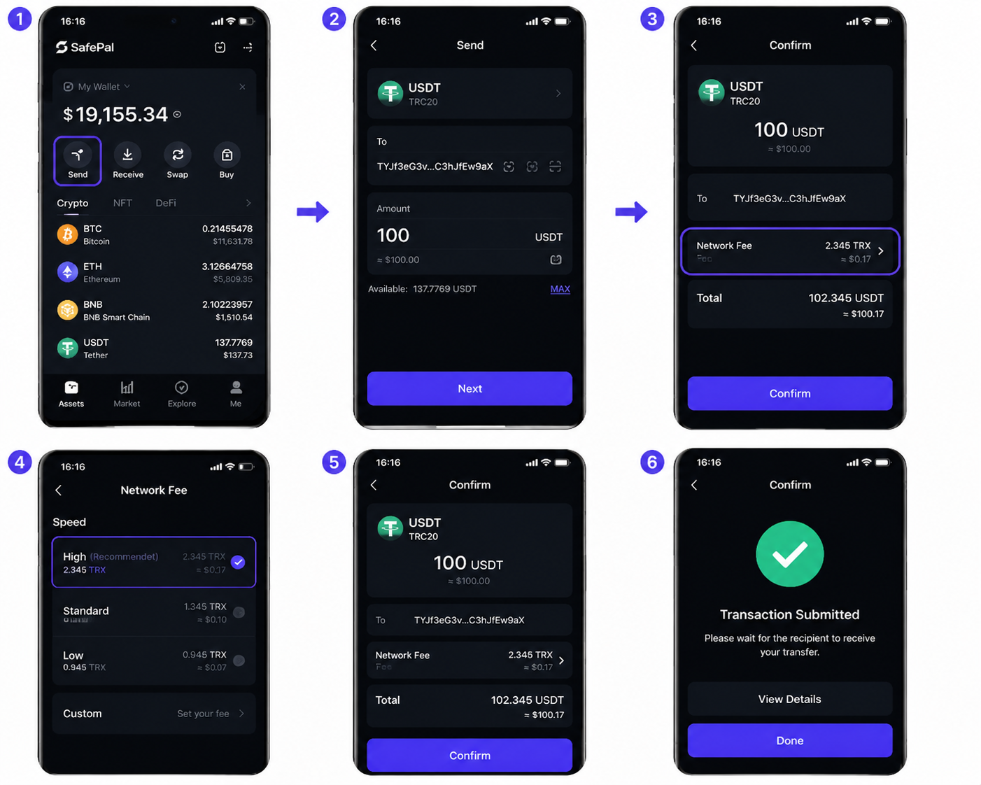 مشاهده کارمزد انتقال در SafePal قبل از تأیید تراکنش و بررسی مقدار Network Fee کیف پول