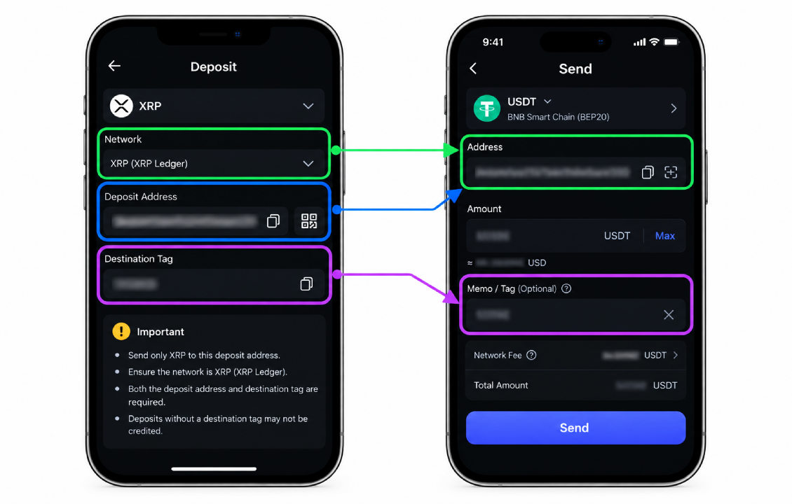 بررسی شبکه آدرس و Memo در SafePal قبل از انتقال ارز