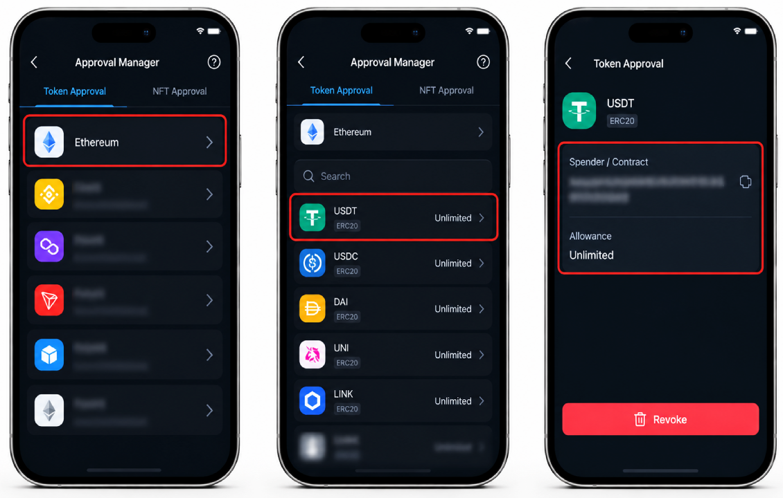 بررسی Token Approvalها قبل از لغو دسترسی در SafePal