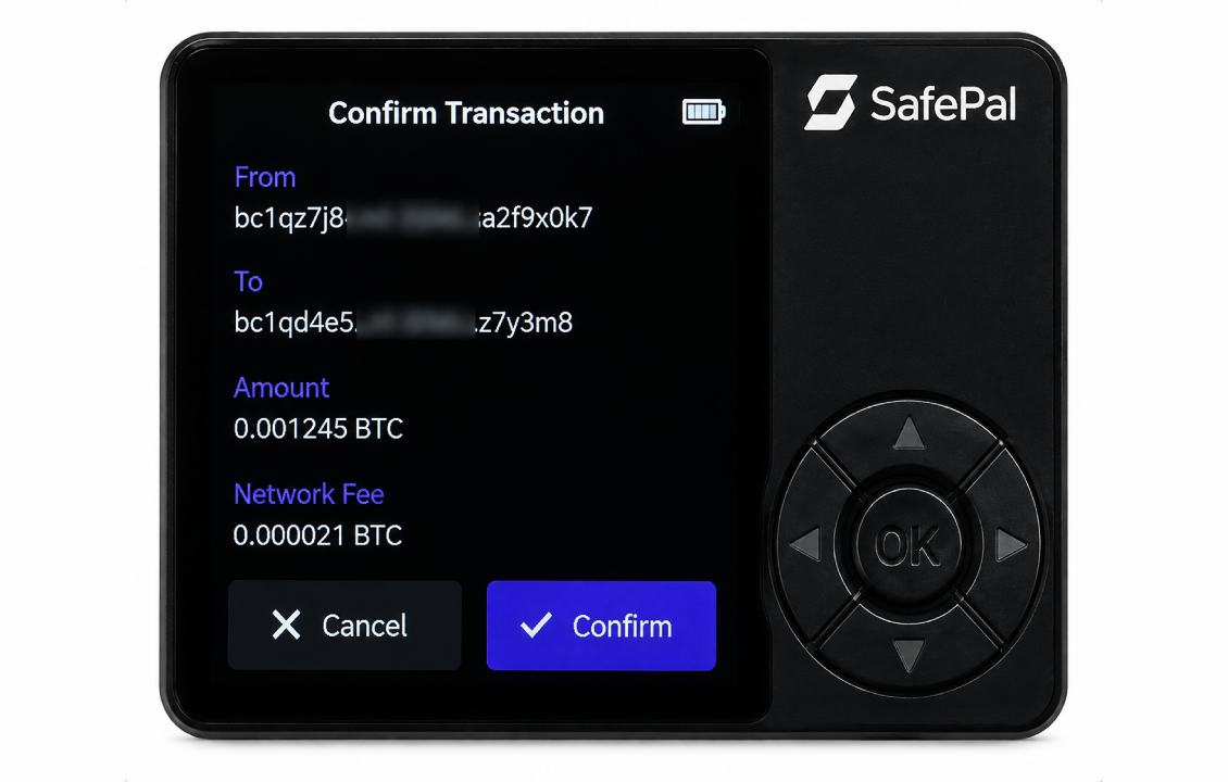 بررسی و تأیید اطلاعات تراکنش در کیف پول سخت افزاری SafePal S1 قبل از ارسال ارز دیجیتال