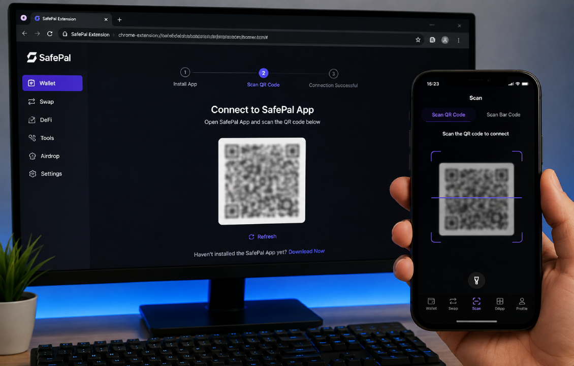 اتصال اپلیکیشن SafePal به افزونه سیف پل با اسکن QR Code