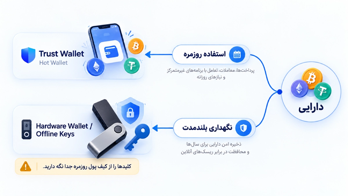 جداسازی دارایی روزمره در Trust Wallet از دارایی بلندمدت در کیف پول سخت‌افزاری