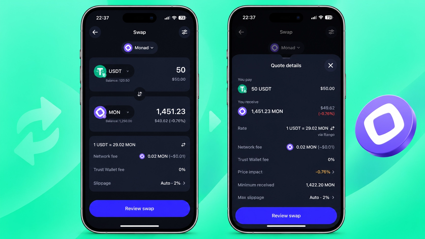 بررسی Quote تبدیل یک دارایی روی شبکه Monad در بخش Swap تراست والت پیش از تأیید تراکنش