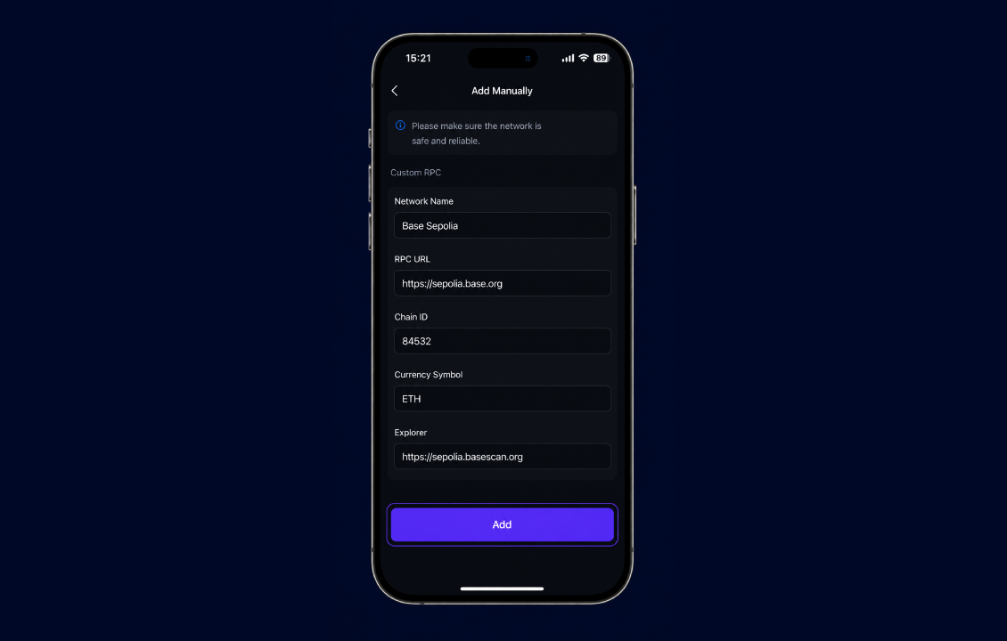 وارد کردن RPC URL و Chain ID برای اضافه کردن شبکه به سیف پل