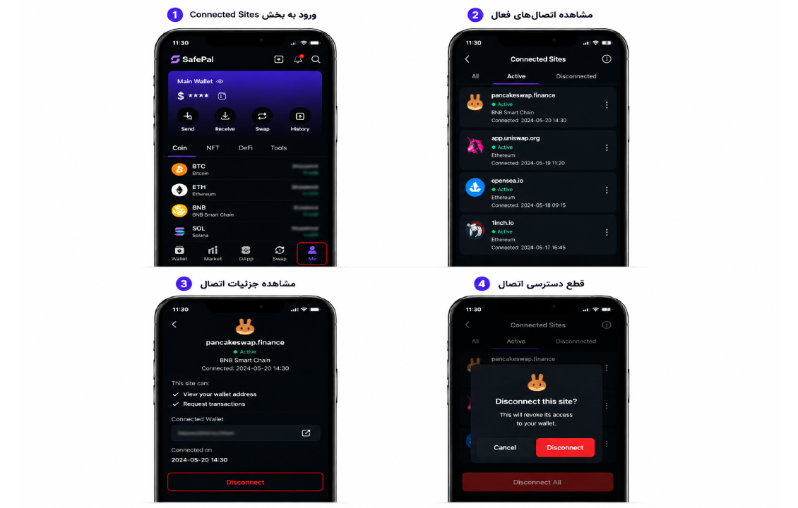 مدیریت اتصال سیف پل به DApp و قطع دسترسی برنامه‌های Web3 از بخش Connected Sites در کیف پول SafePal
