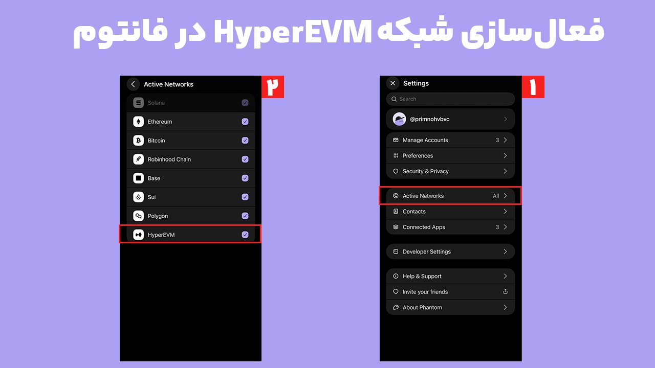فعال کردن شبکه HyperEVM در فانتوم از بخش Active Networks کیف پول Phantom