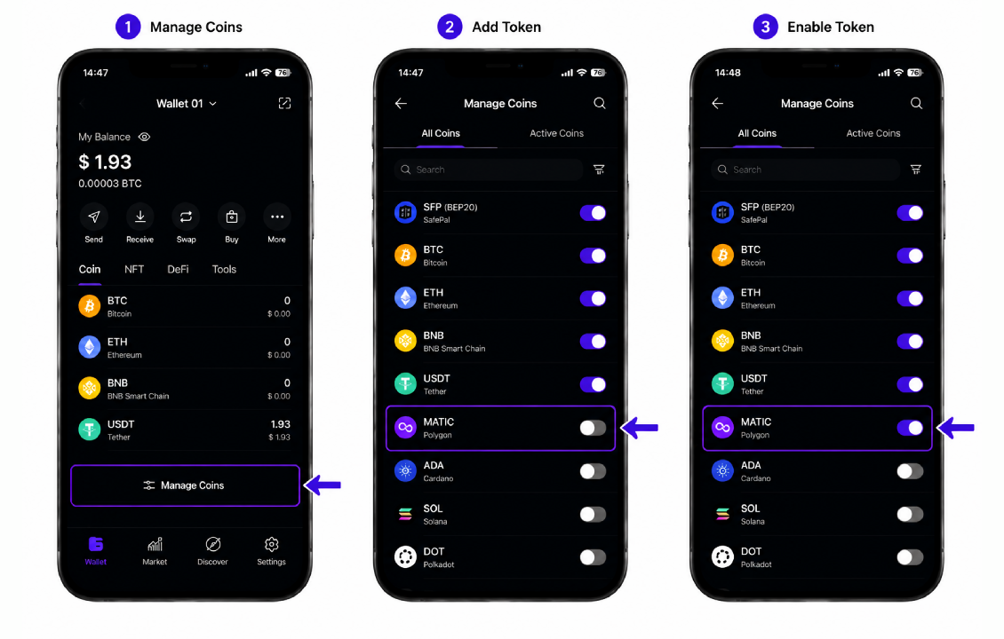 فعال کردن توکن پس از بازیابی کیف پول سیف پل از طریق بخش Manage Coins در کیف پول SafePal