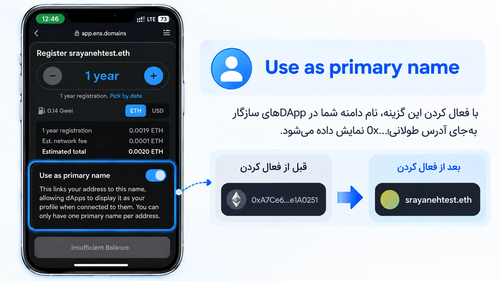 فعالسازی گزینه Use as primary name در ENS برای نمایش دامنه eth بهجای آدرس طولانی کیف پول در DAppهای سازگار