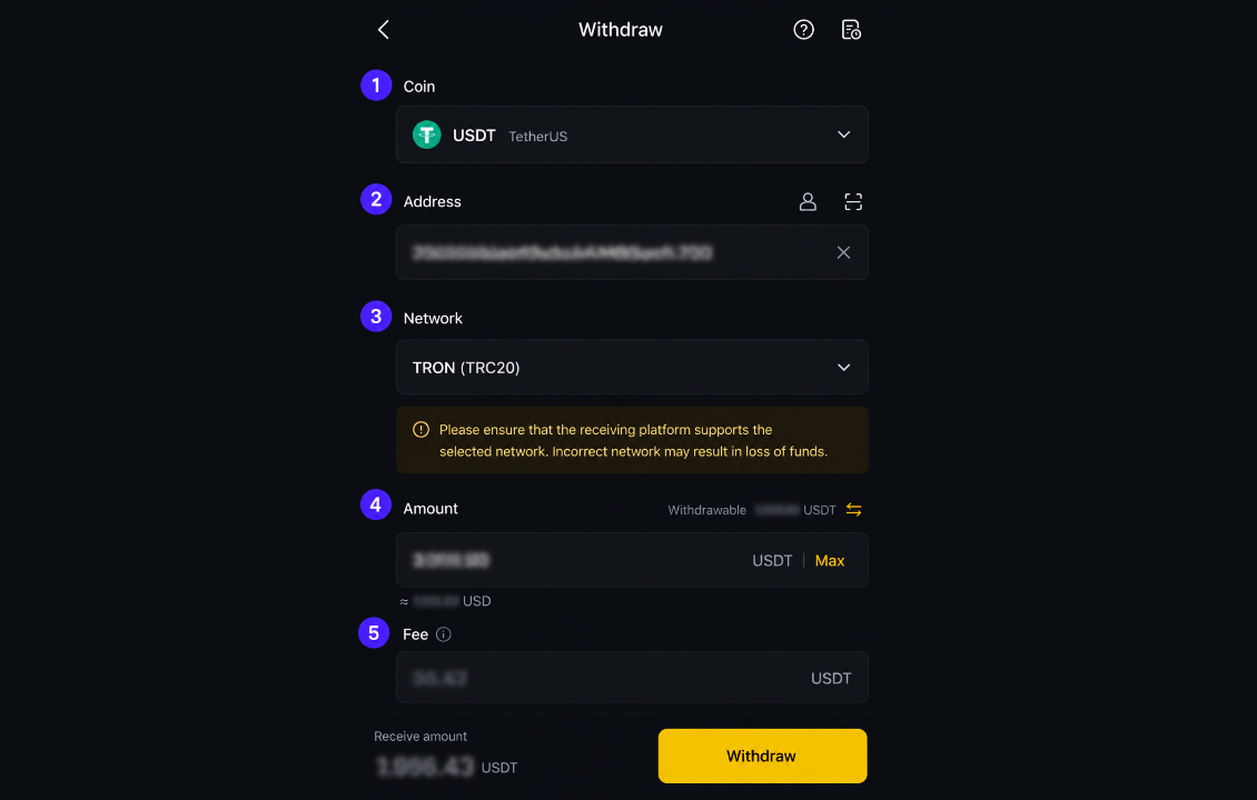 فرم برداشت USDT برای انتقال ارز از صرافی به کیف پول سیف پل با انتخاب شبکه TRC20