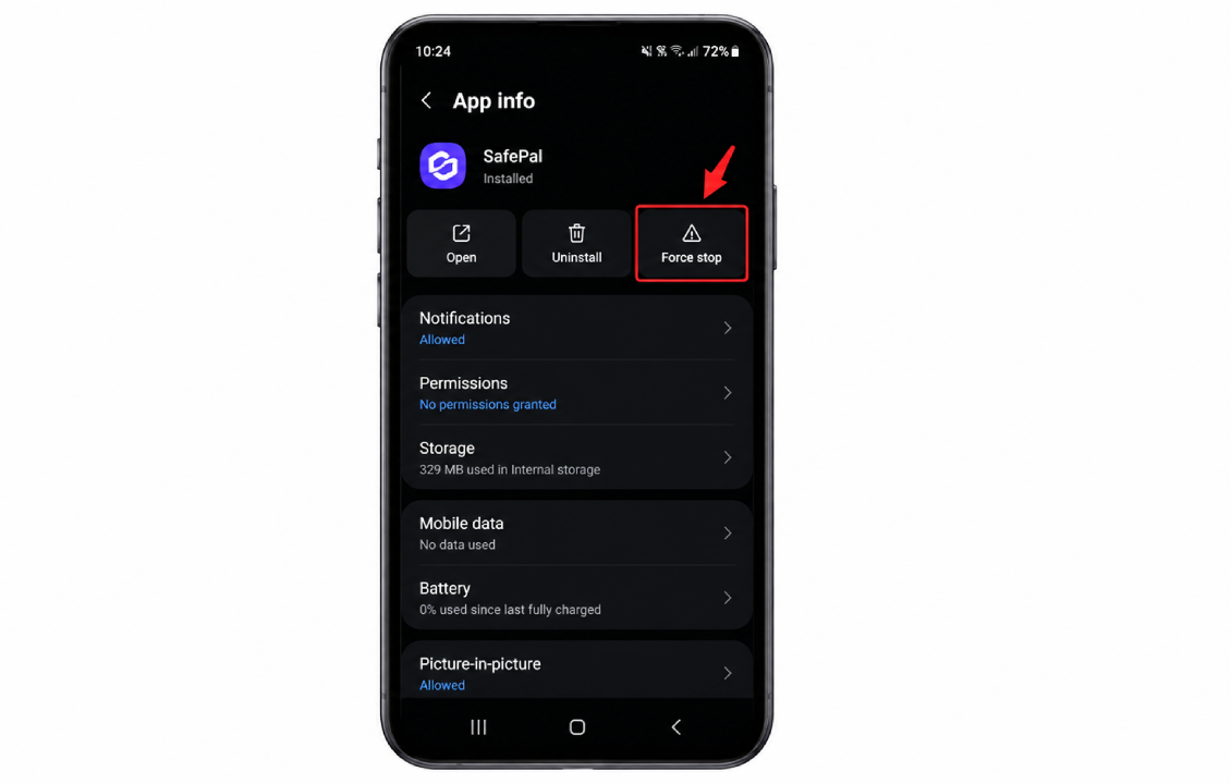 رفع باز نشدن سیف پل با Force Stop برنامه SafePal در اندروید
