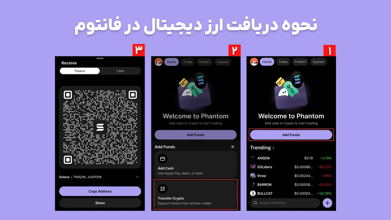 صفحه نحوه دریافت ارز دیجیتال با نمایش آدرس کیفپول برای کپیکردن، دانلود فانتوم والت برای اندروید