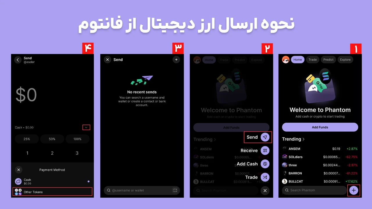 صفحه ارسال ارز دیجیتال در این کیفپول با آدرس گیرنده، مبلغ و انتخاب شبکه برای دانلود APK فانتوم والت