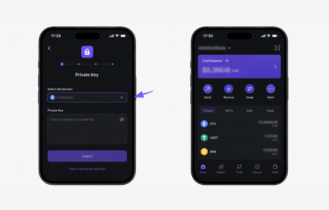 انتقال حساب متامسک به سیف پل با Private Key و انتخاب شبکه