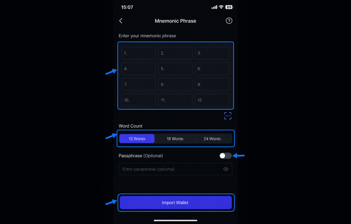 وارد کردن Recovery Phrase تراست ولت در SafePal برای Import کیف پول