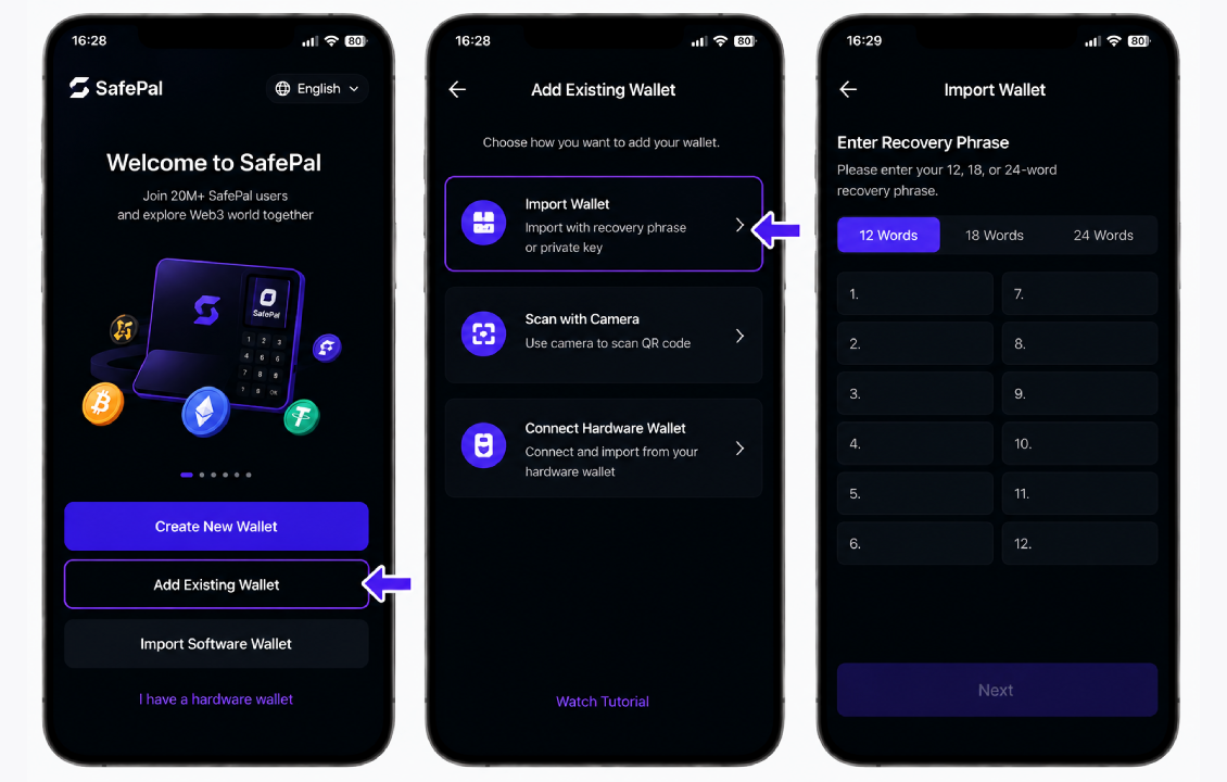 انتخاب گزینه Import Wallet و وارد کردن عبارت بازیابی برای بازیابی کیف پول در SafePal