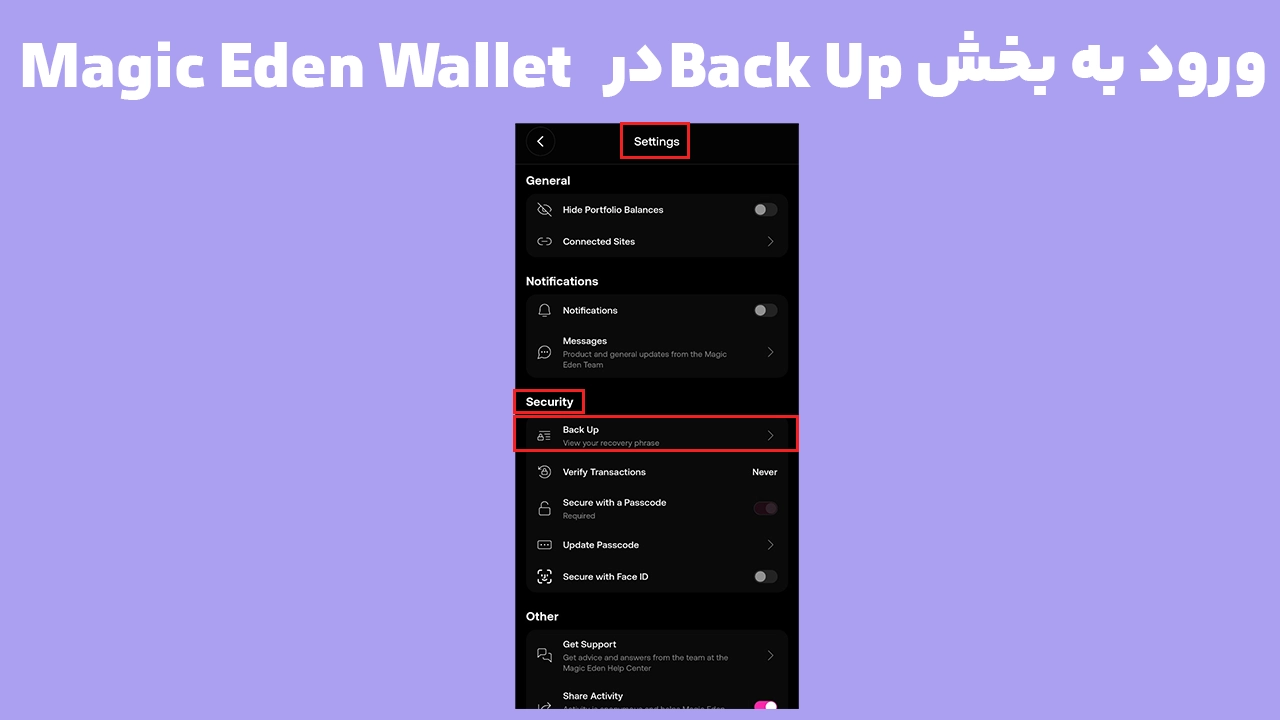 ورود به بخش Back Up در Magic Eden Wallet برای انتقال کیف پول به فانتوم