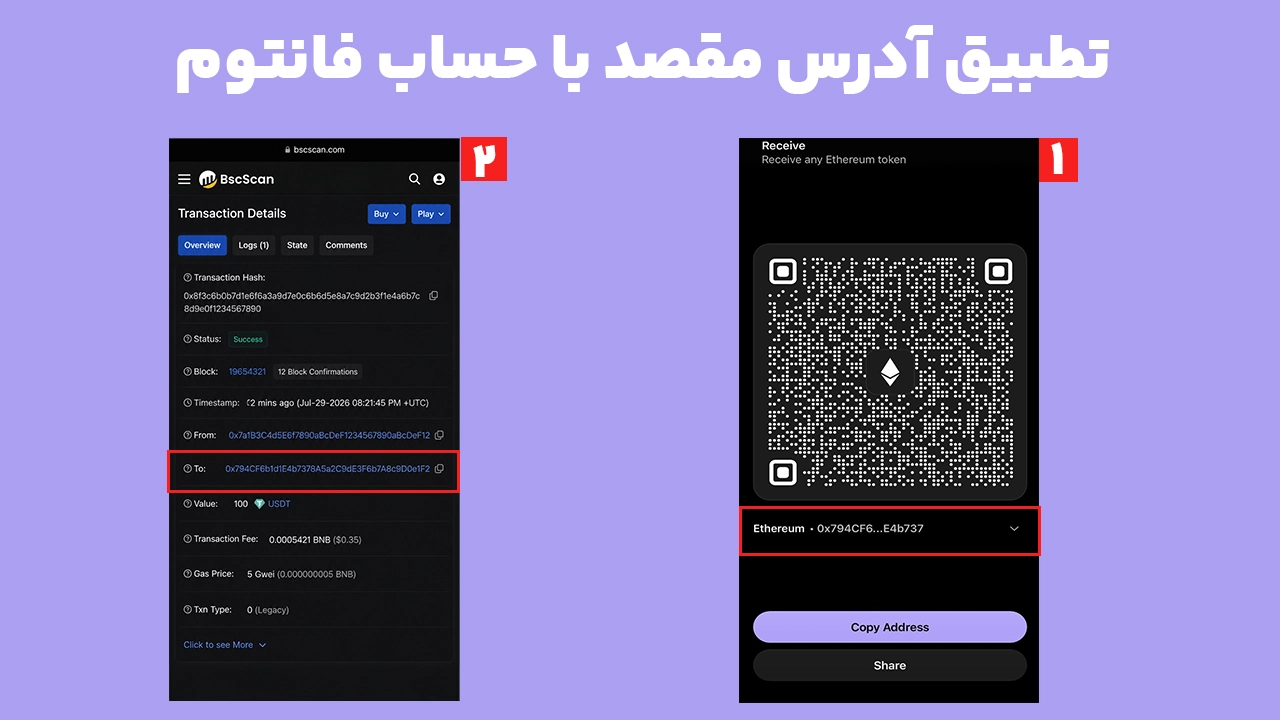 مقایسه آدرس مقصد تراکنش با آدرس اتریوم کیف پول فانتوم برای بازیابی ارز