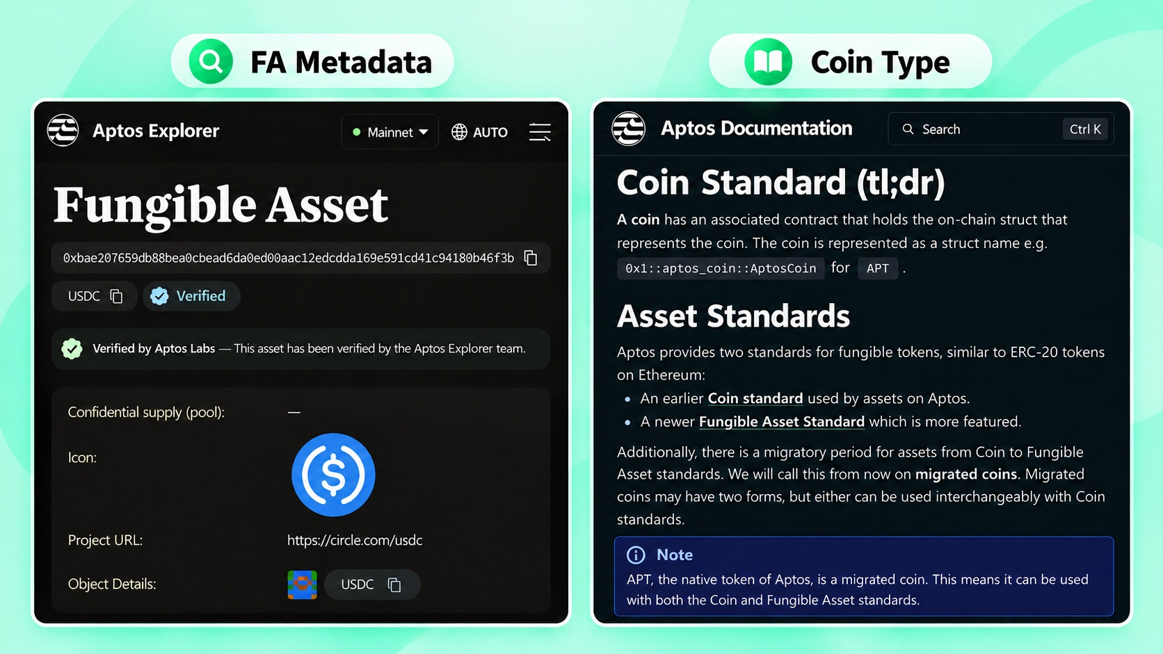 مقایسه شناسه Coin قدیمی Aptos با آدرس Metadata توکن USDC در استاندارد Fungible Asset
