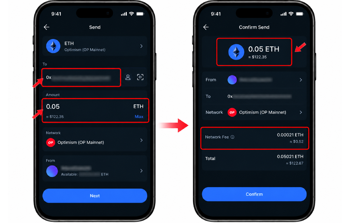 بررسی مقدار و کارمزد ارسال ETH روی OP Mainnet در SafePal پیش از تأیید تراکنش