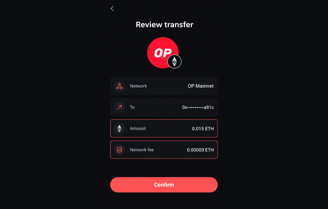 نمونه بررسی مقدار و کارمزد انتقال ETH روی OP Mainnet پیش از تأیید تراکنش