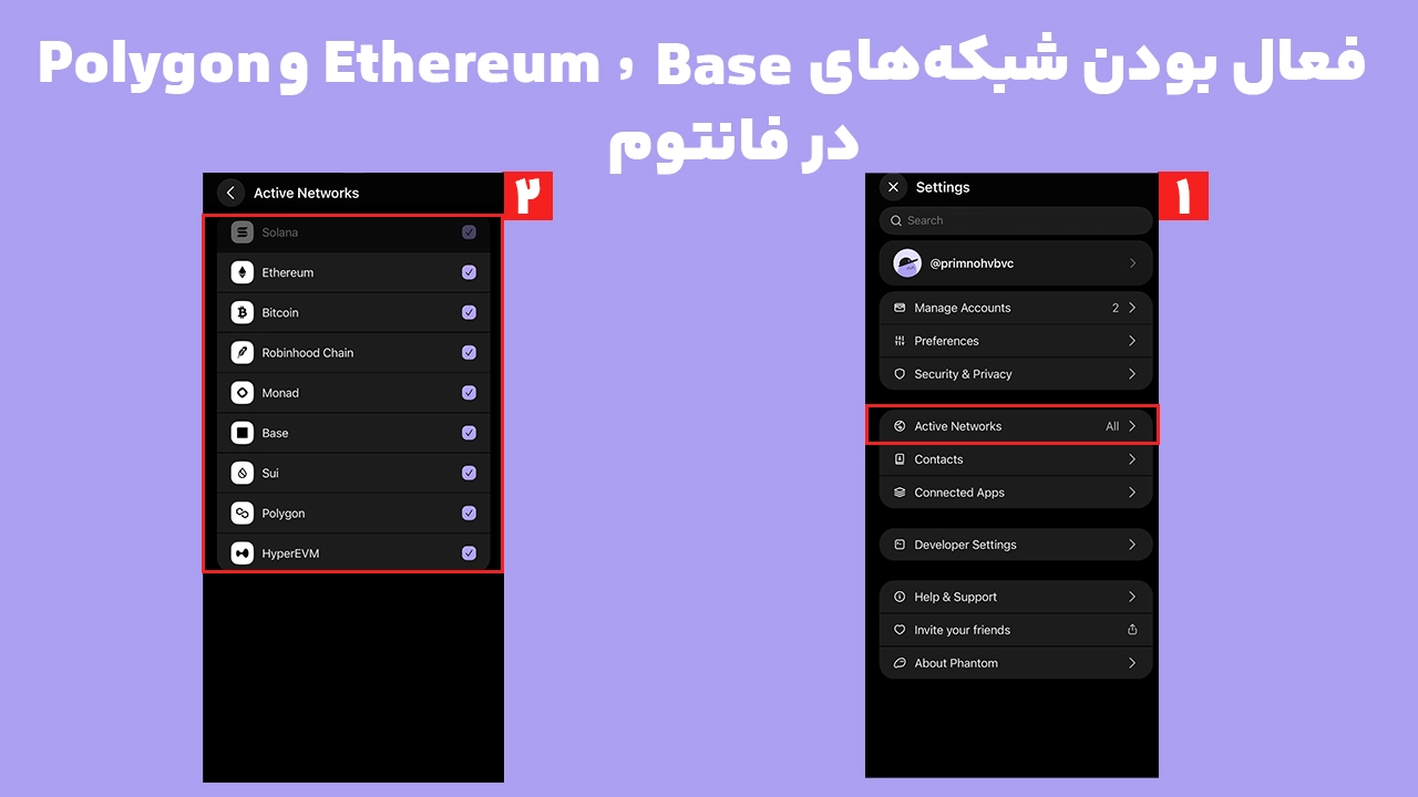 نمایش شبکه‌های Ethereum، Base و Polygon در تنظیمات کیف پول فانتوم برای انتقال ارز روی Base در فانتوم