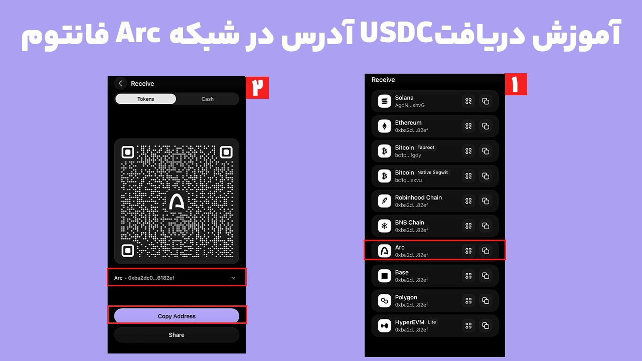 آموزش دریافت آدرس کیف پول شبکه Arc در فانتوم با انتخاب شبکه و مشاهده آدرس دریافت USDC