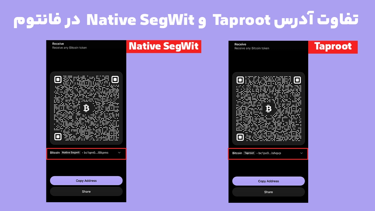 مقایسه آدرس Native SegWit و Taproot بیت کوین در فانتوم برای Ordinals