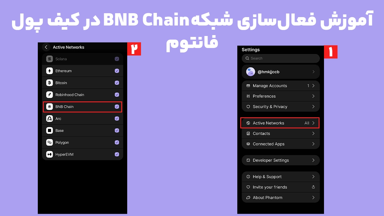 آموزش فعالسازی شبکه BNB Chain در فانتوم از طریق بخش Active Networks در تنظیمات کیف پول