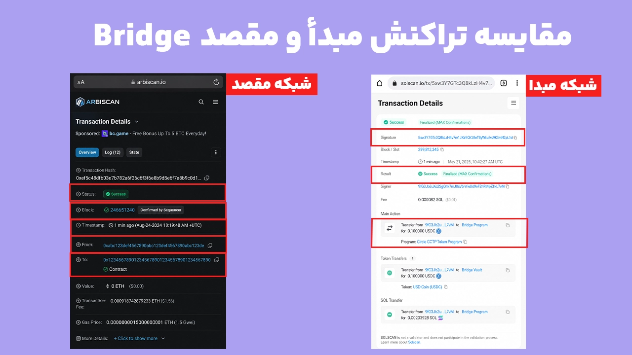 بررسی تراکنش مبدأ و مقصد برای عیبیابی Bridge فانتوم در بلاکچین اکسپلورر