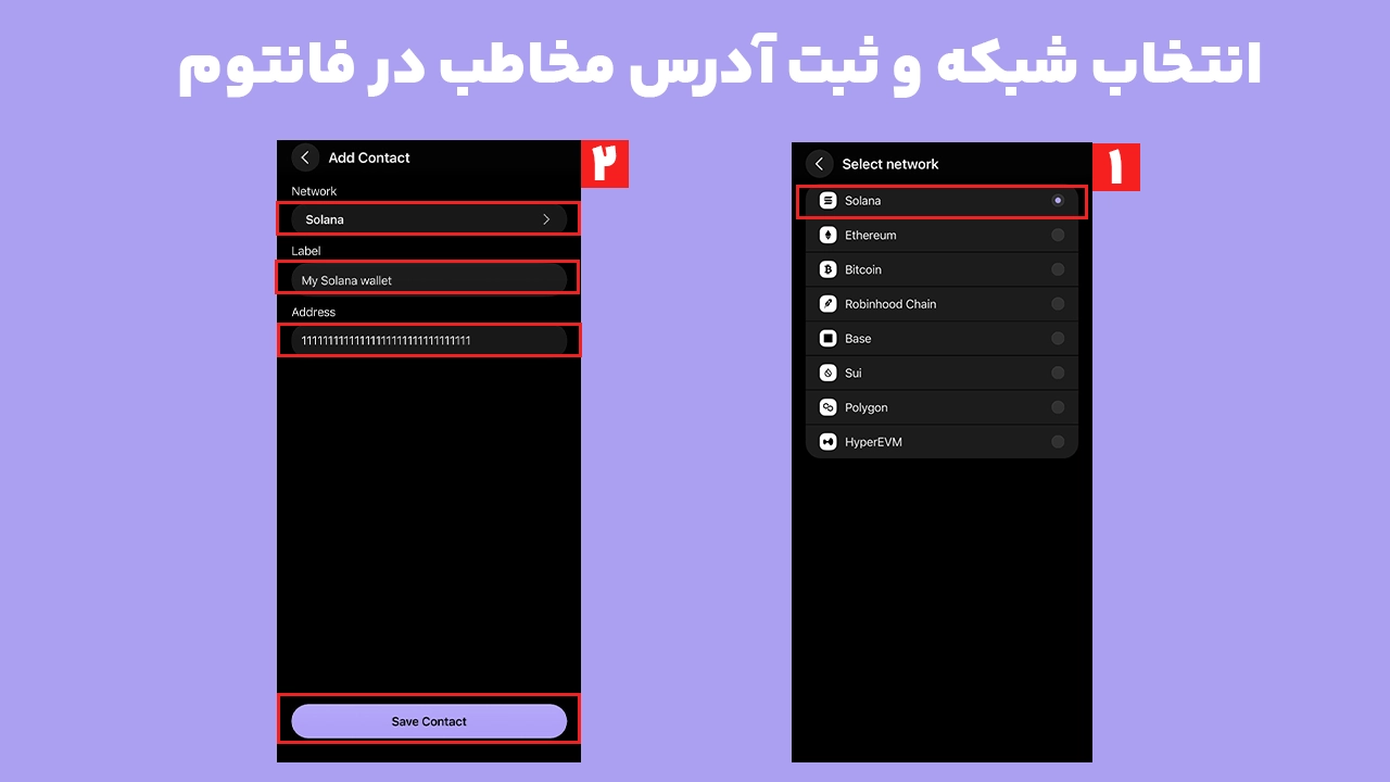 انتخاب شبکه و ثبت آدرس کیف پول در Contacts فانتوم