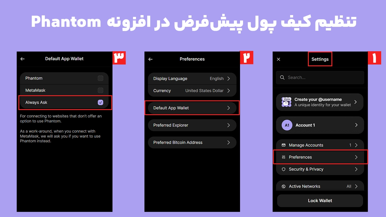 انتخاب کیف پول پیشفرض برای رفع تداخل فانتوم و متامسک در تنظیمات Phantom