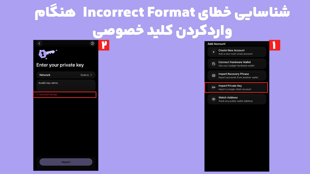 نمایش خطای Incorrect Format فانتوم هنگام واردکردن کلید خصوصی با فرمت نامعتبر و بررسی شبکه انتخاب‌شده