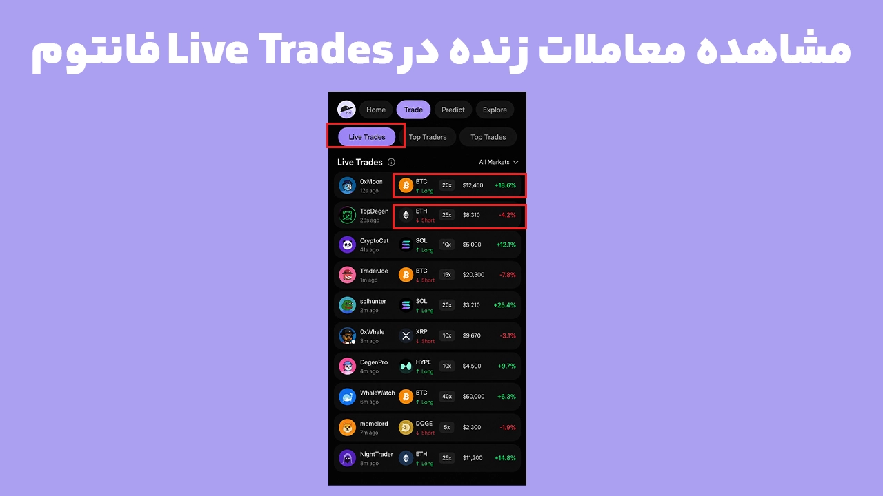 نمای Live Trades فانتوم با معاملات Long و Short، اهرم و عملکرد معاملهگران Perps