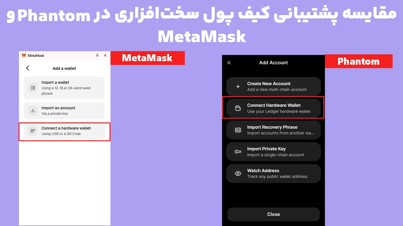 مقایسه اتصال کیف پول سخت افزاری و Ledger در فانتوم و متامسک