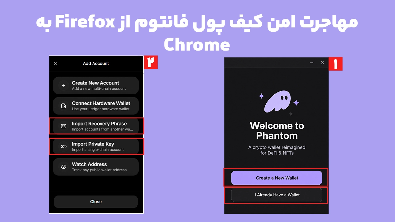 بازیابی کیف پول فانتوم در Chrome پس از مهاجرت از Firefox با گزینههای Import Wallet