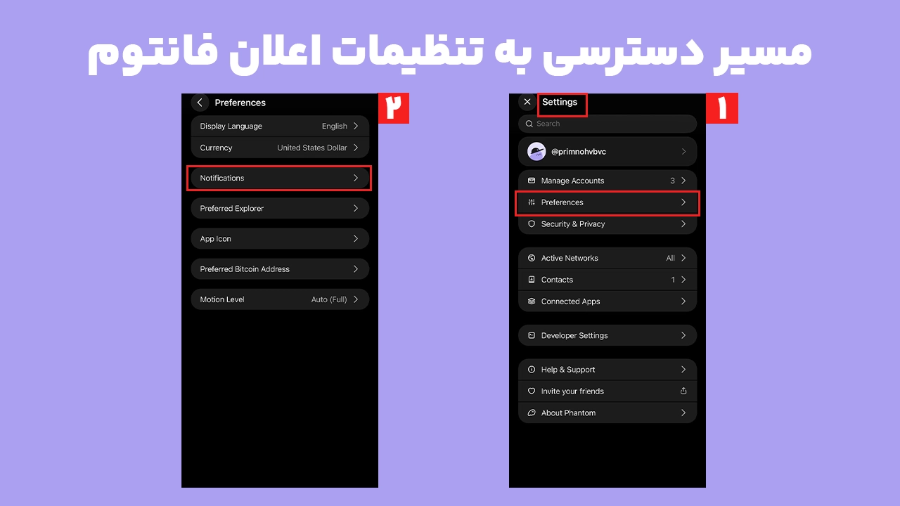 مسیر ورود به تنظیمات اعلان فانتوم از بخش Settings و Preferences در اپ Phantom