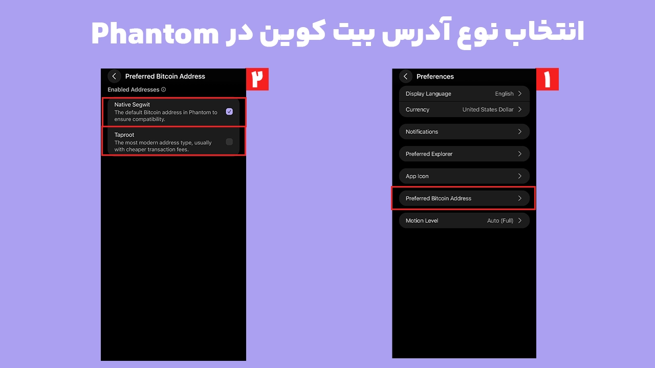 انتخاب Native SegWit و Taproot برای آدرس بیت کوین در فانتوم