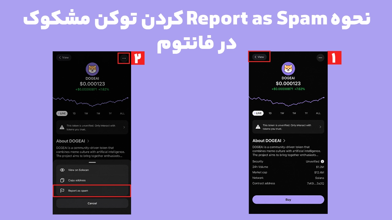 گزارش توکن مشکوک با گزینه Report as Spam در کیف پول فانتوم