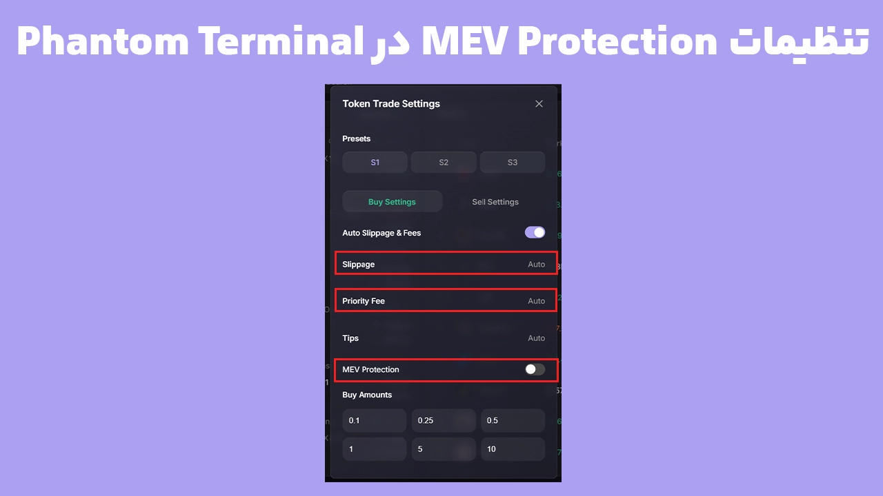 صفحه تنظیمات MEV Protection در Phantom Terminal در کنار Slippage و Priority Fee