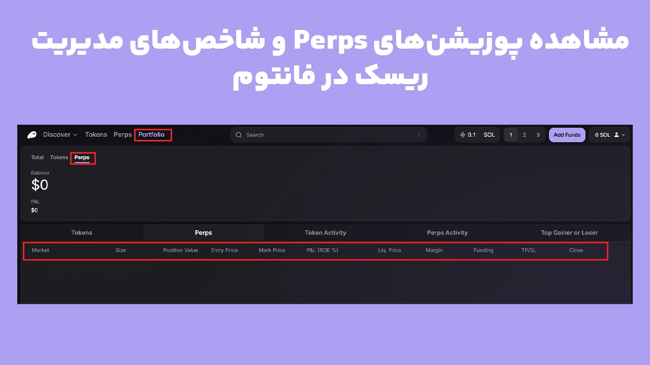 نمای بخش Perps در Portfolio فانتوم ترمینال برای بررسی پوزیشنهای معاملاتی، سود و زیان P&L، مارجین و قیمت لیکوییدیشن