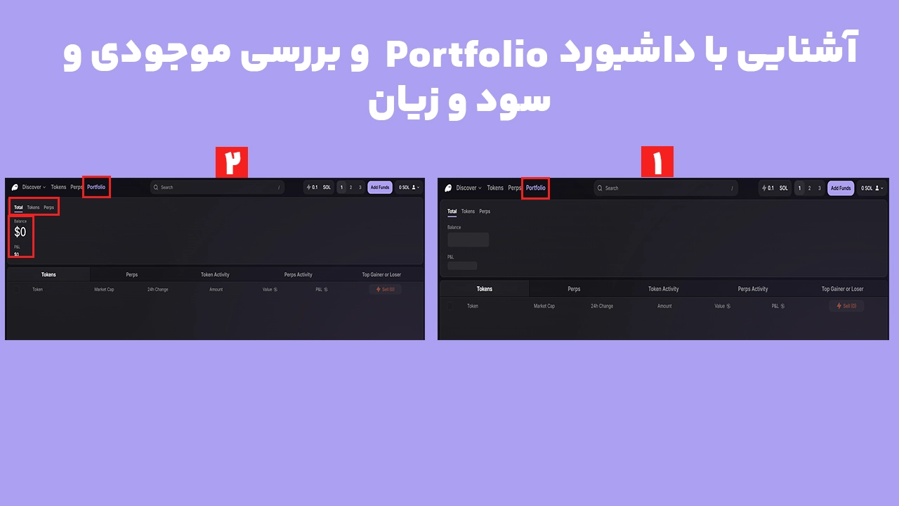 نمای اصلی Portfolio در Phantom Terminal با نمایش موجودی حساب، سود و زیان P&L و بخشهای Tokens و Perps