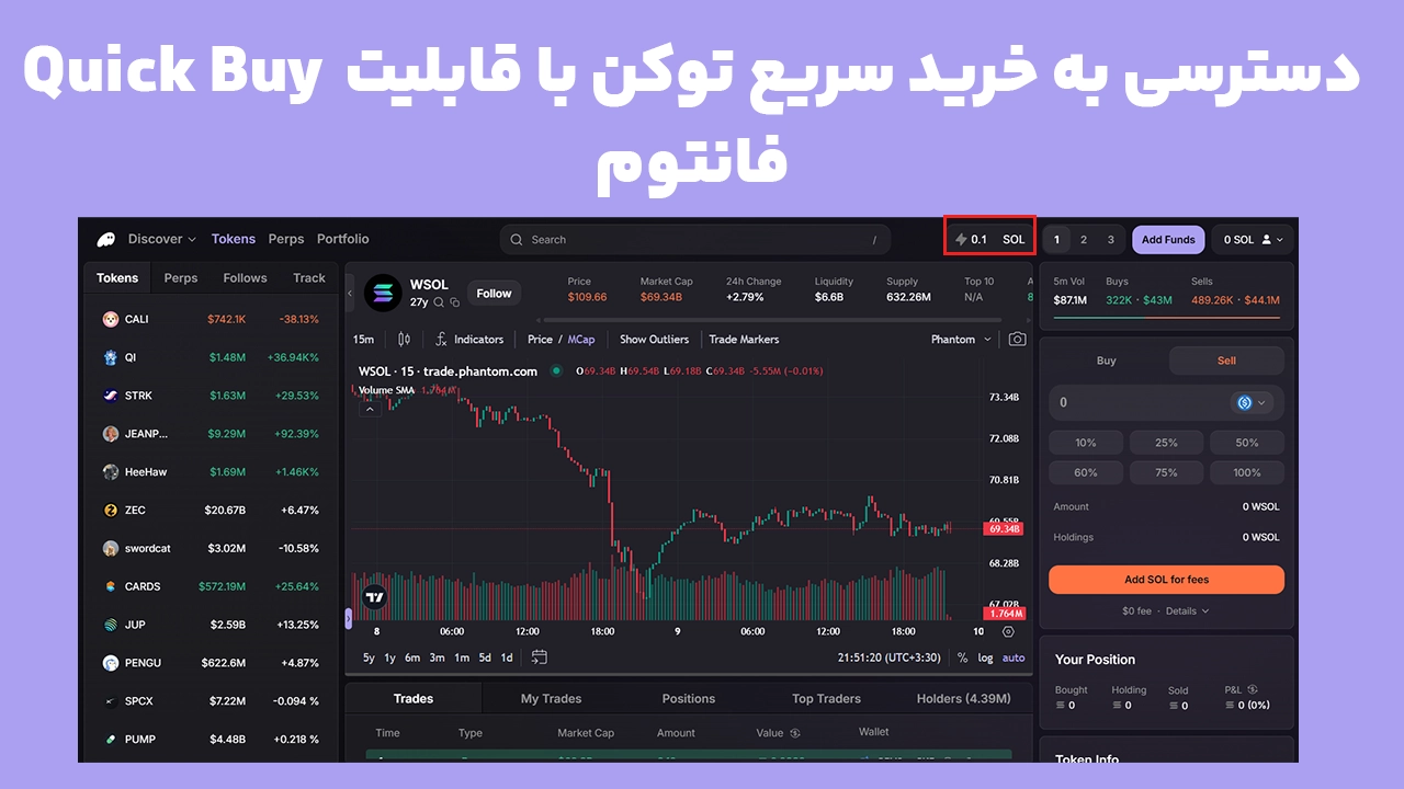 نمایش محل تنظیم Quick Buy در Phantom Terminal و تعیین مقدار SOL برای خرید سریع توکن با استفاده از دکمه صاعقه